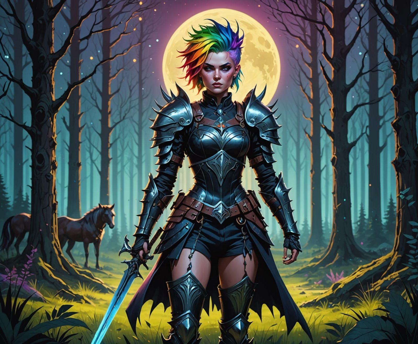 Gothic Female Warrior in Forest Clearing