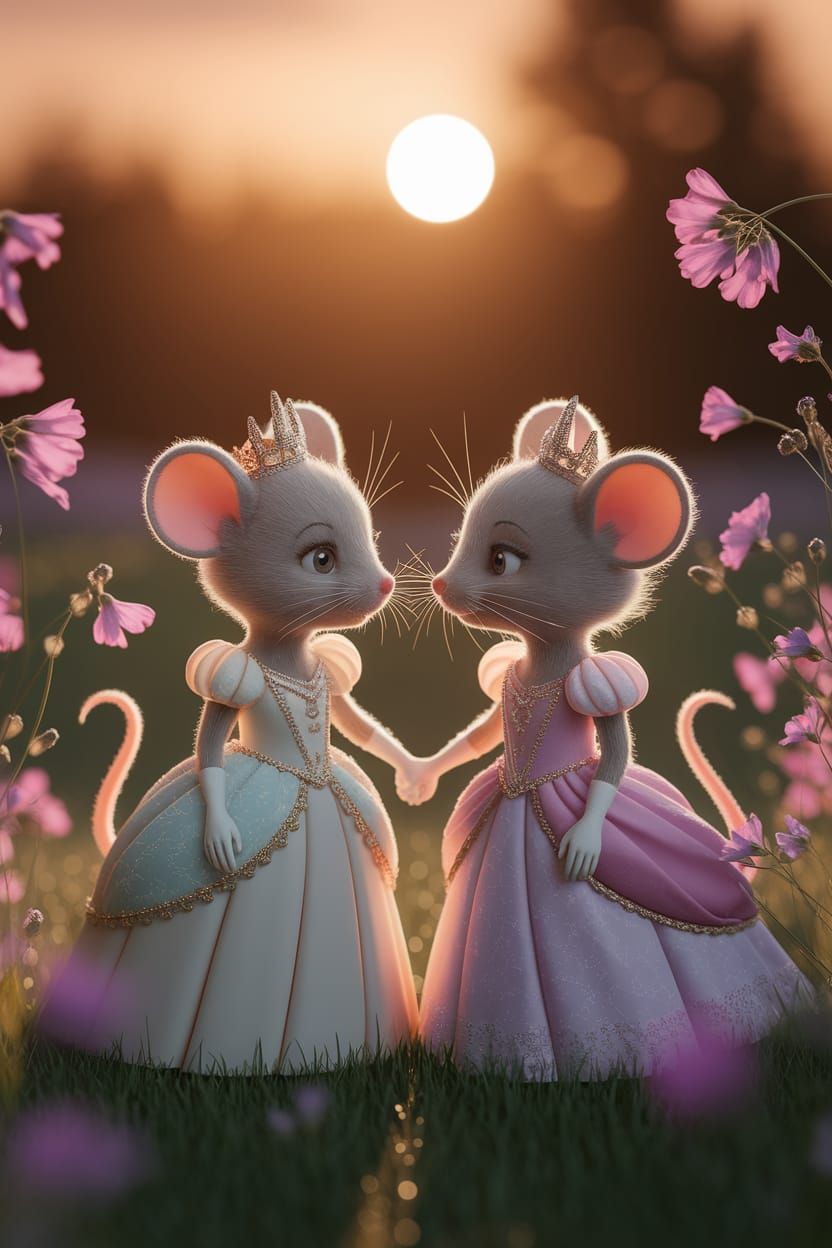 Ethereal Princesses in Pastel Gowns Amidst a Vibrant Wildflo...