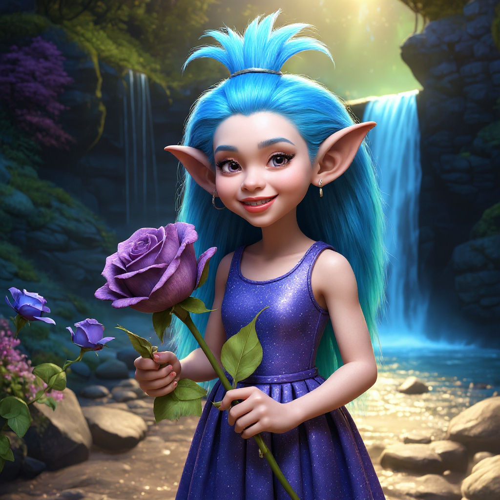Blue-Skinned Troll with Rose in 3D Digital Art