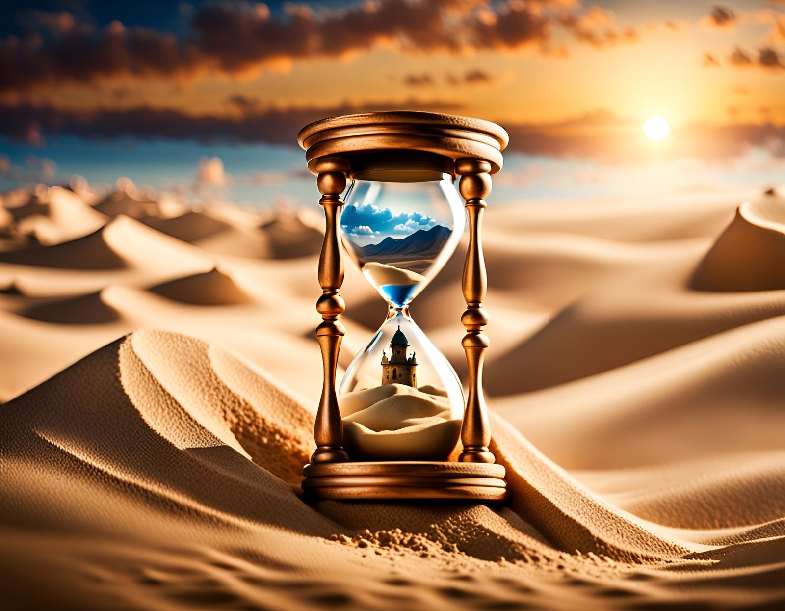 Crystal Hourglass Creates Sandcastle: Hyperrealistic Close-u...