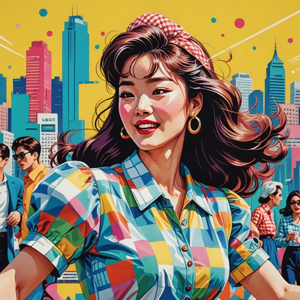 K-Pop Gingham Goddess in Neon Cityscape