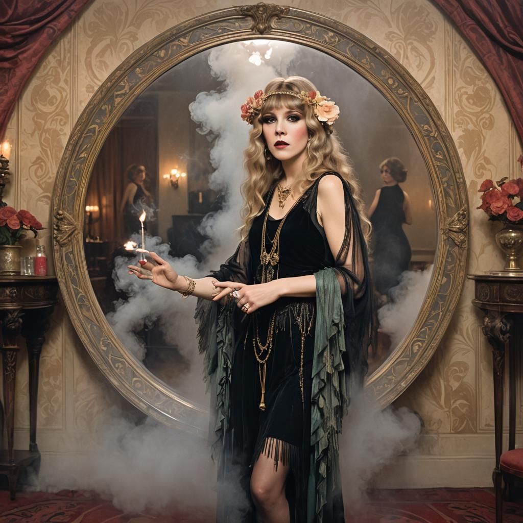 Enchanting Flapper Casting Spell in Mucha-Inspired Style