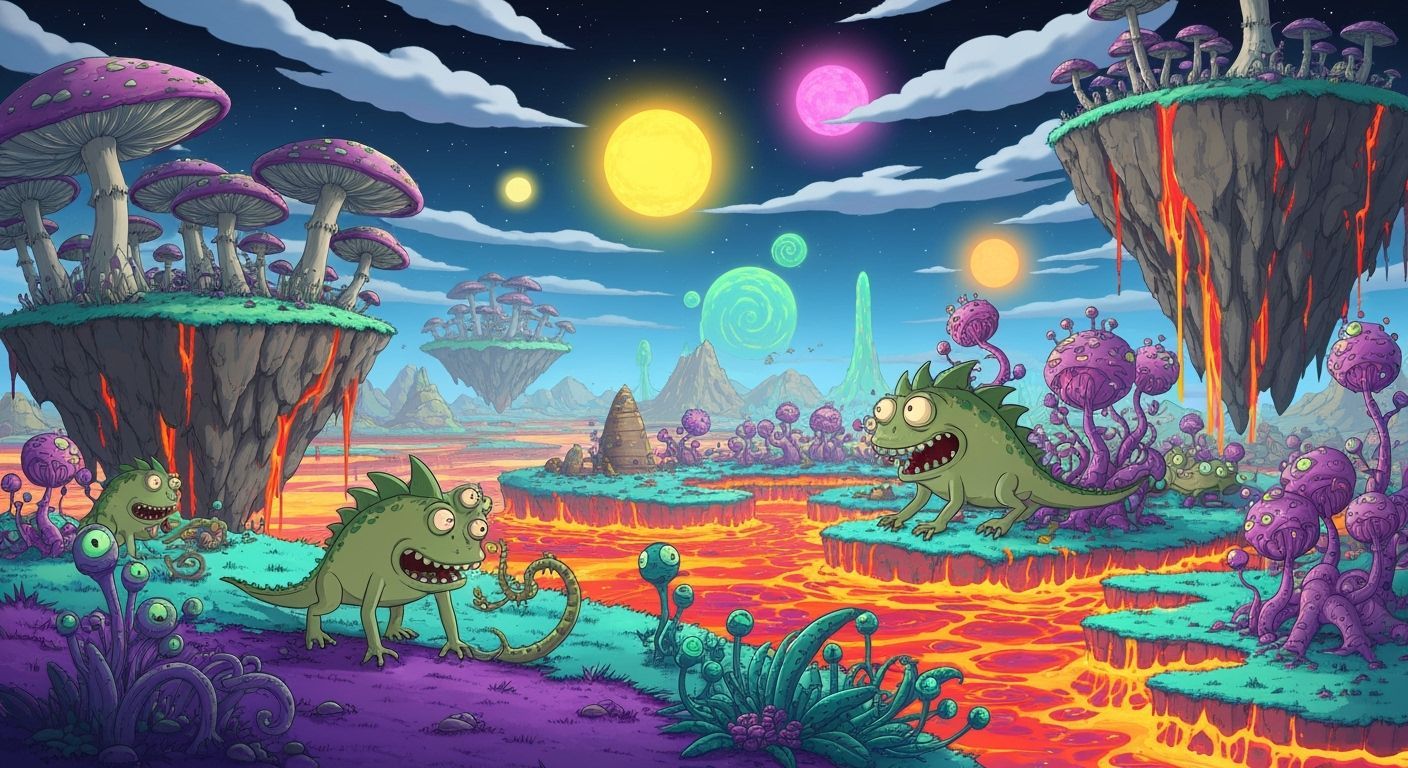 Wacky Exoplanet Environment in Cartoon Style