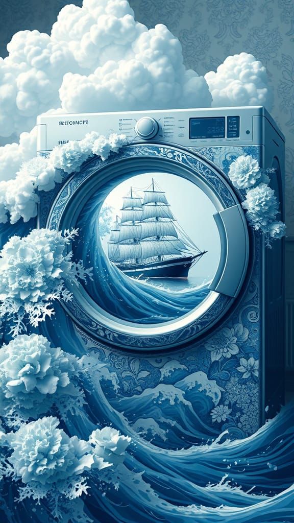 Majestic Antique Washing Machine in Turbulent Oceanic Scene