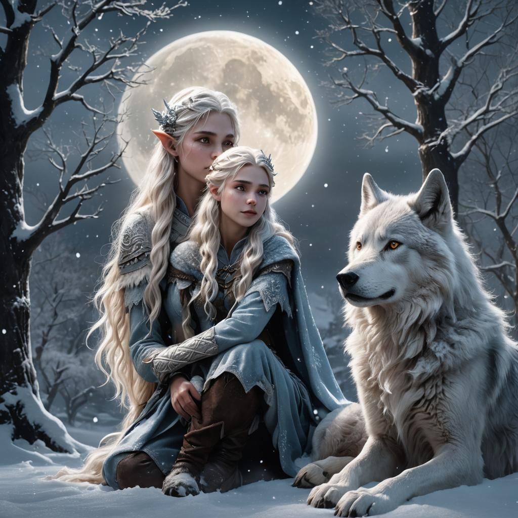 Ice Wolf and Elf in Snowy Moonlight