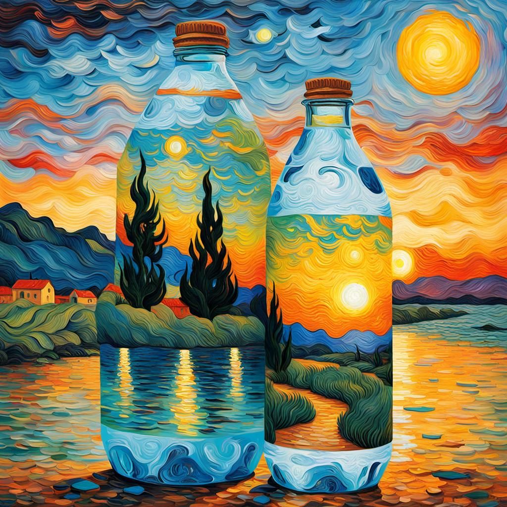 Girl in Water Bottle, Impasto Sunset