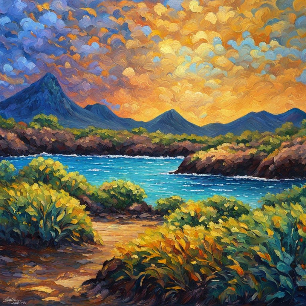Galapagos Islands Landscape in Neo-Impressionist Oil Paintin...