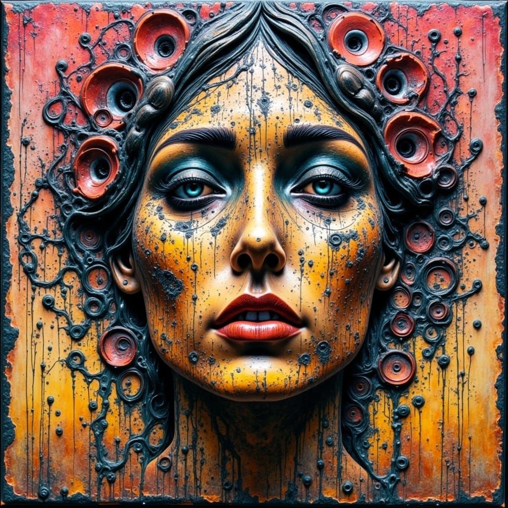 Surreal Oil Painting Depicting a Madwoman's Turbulent Though...