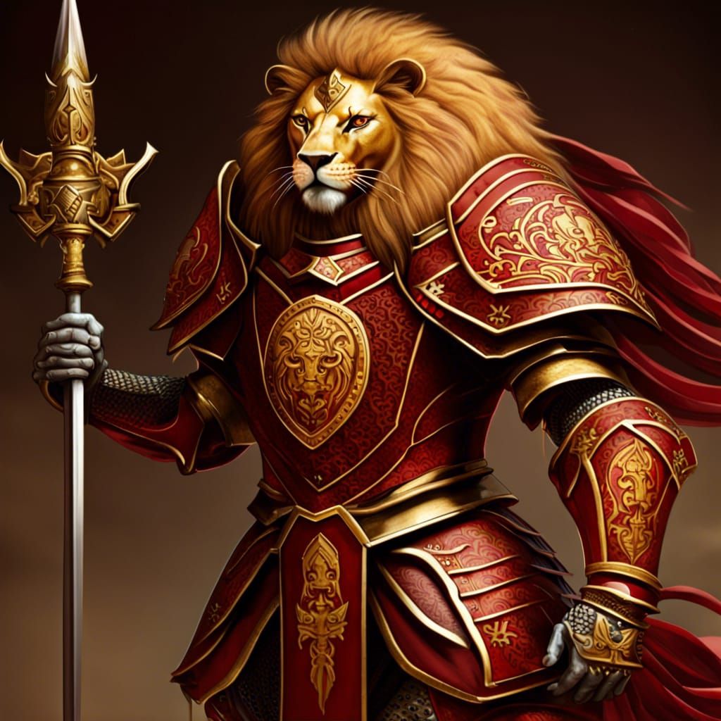 Lion Knight in Crimson and Gold Armor