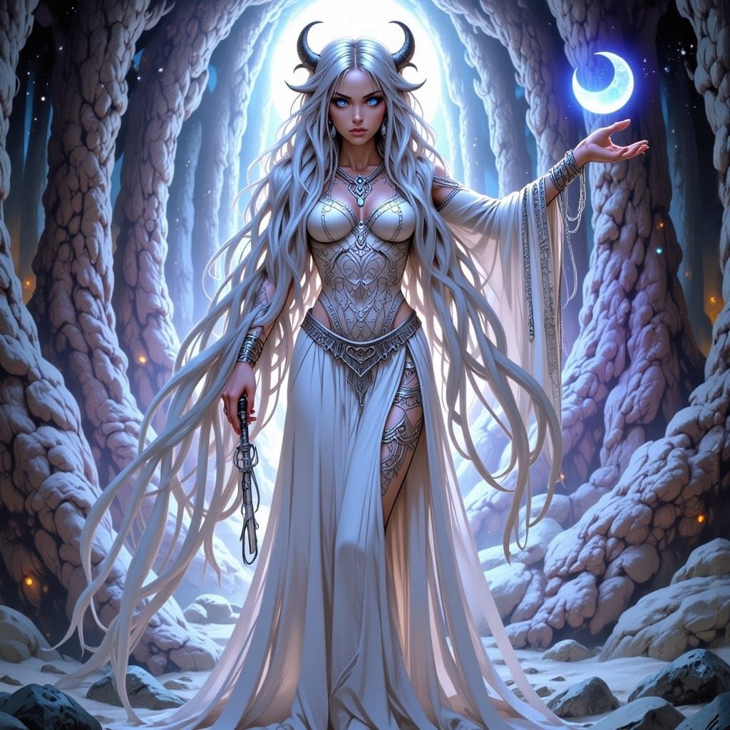 Lunar Priestess in Moonlit Temple, Anime Style