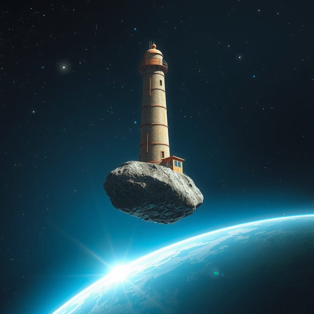 Futuristic Lighthouse on Meteorite in Space