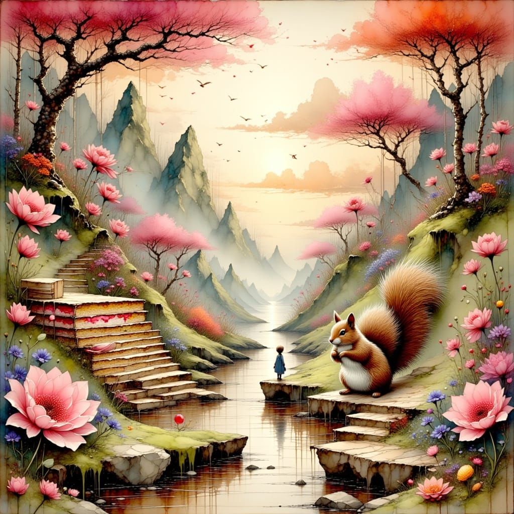 Squirrel in Dreamlike Dessert Landscape, Charcoal Drawing