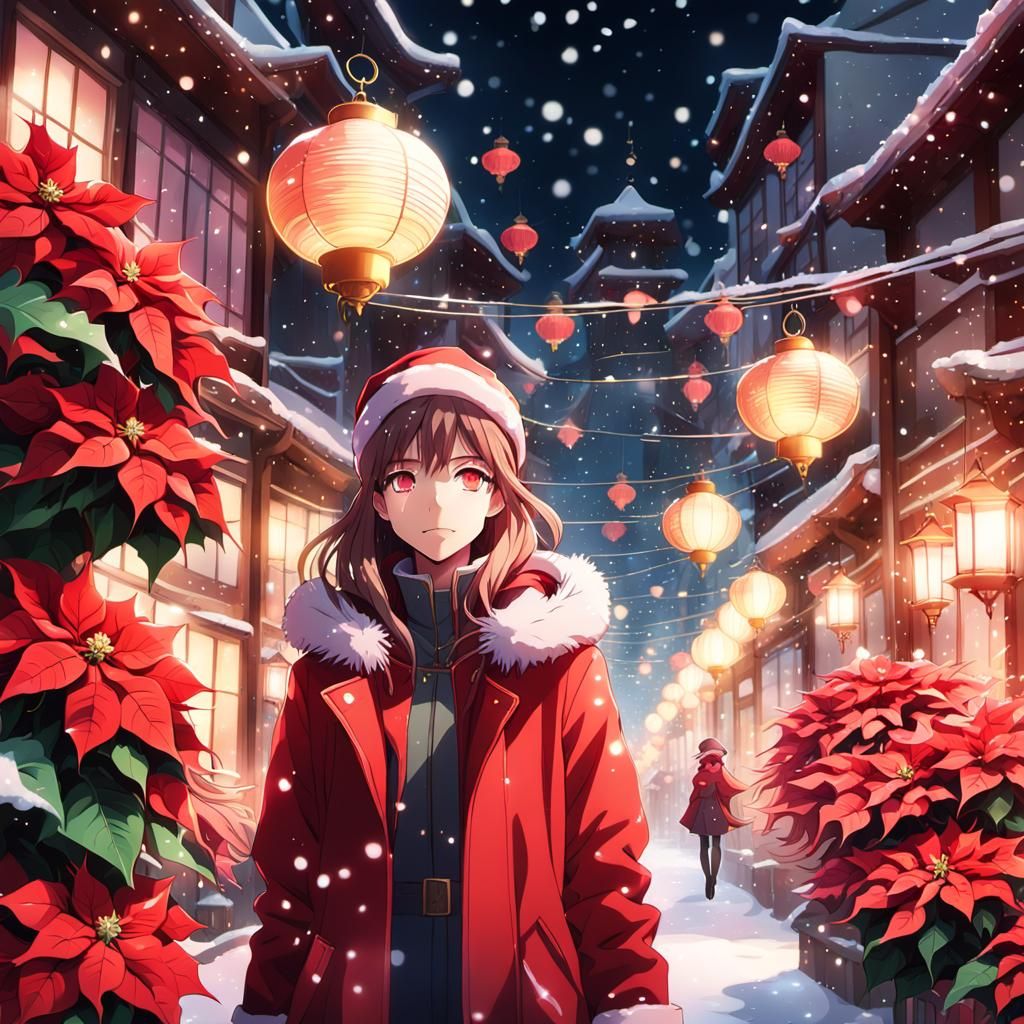 Festive Anime Woman in Poinsettia Winter City
