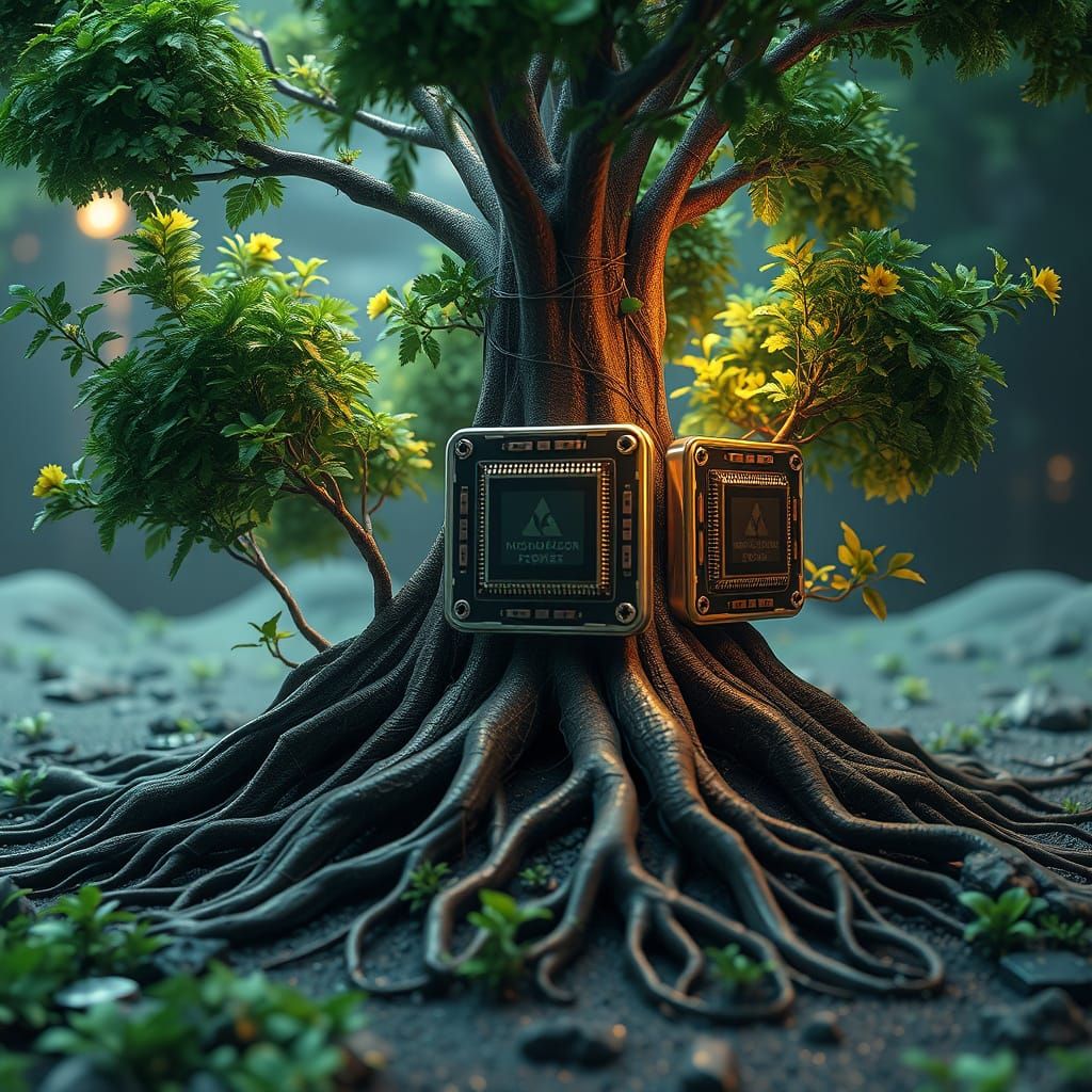 Futuristic Sci-Fi Microchips Nurturing Trees