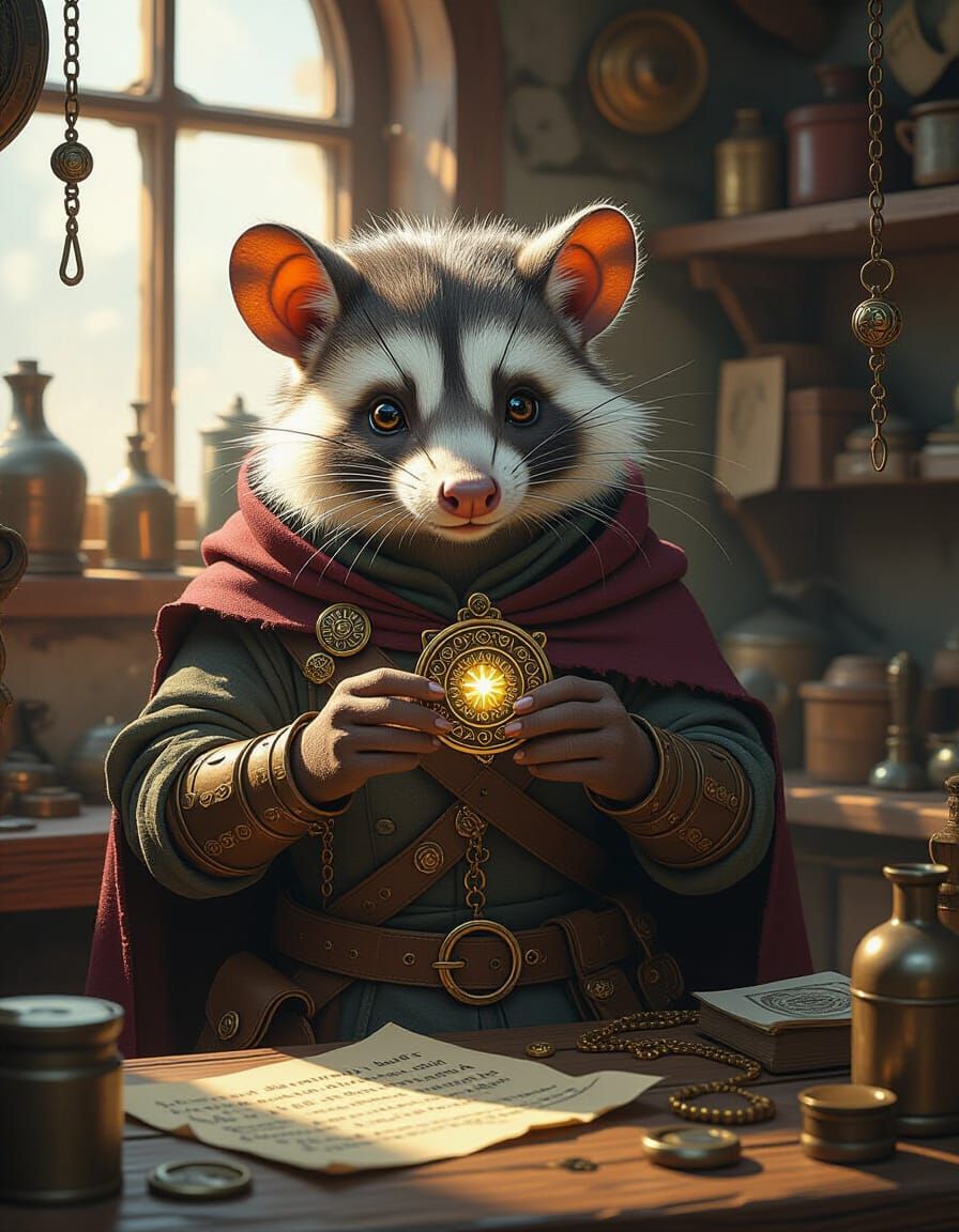 Opossum Artificer in Fantasy Workshop, Cel-Shaded Style