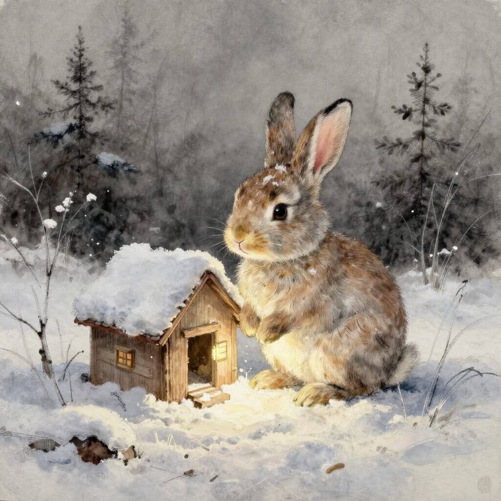 Tiny Rabbit Crafts Snow-Bunny in Whimsical Watercolor Style