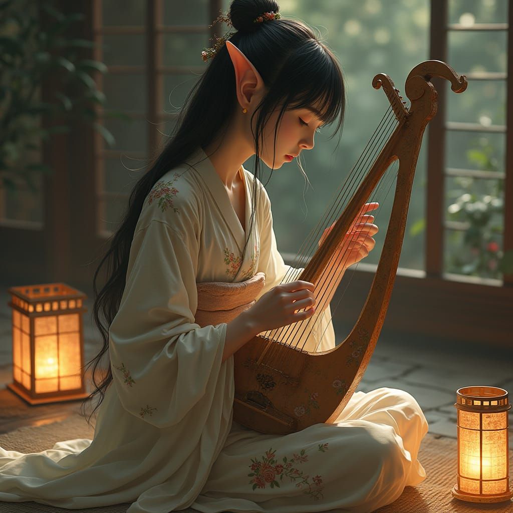 Ethereal Elf Girl Plays a Sorrowful Melody in a Japanese Tem...
