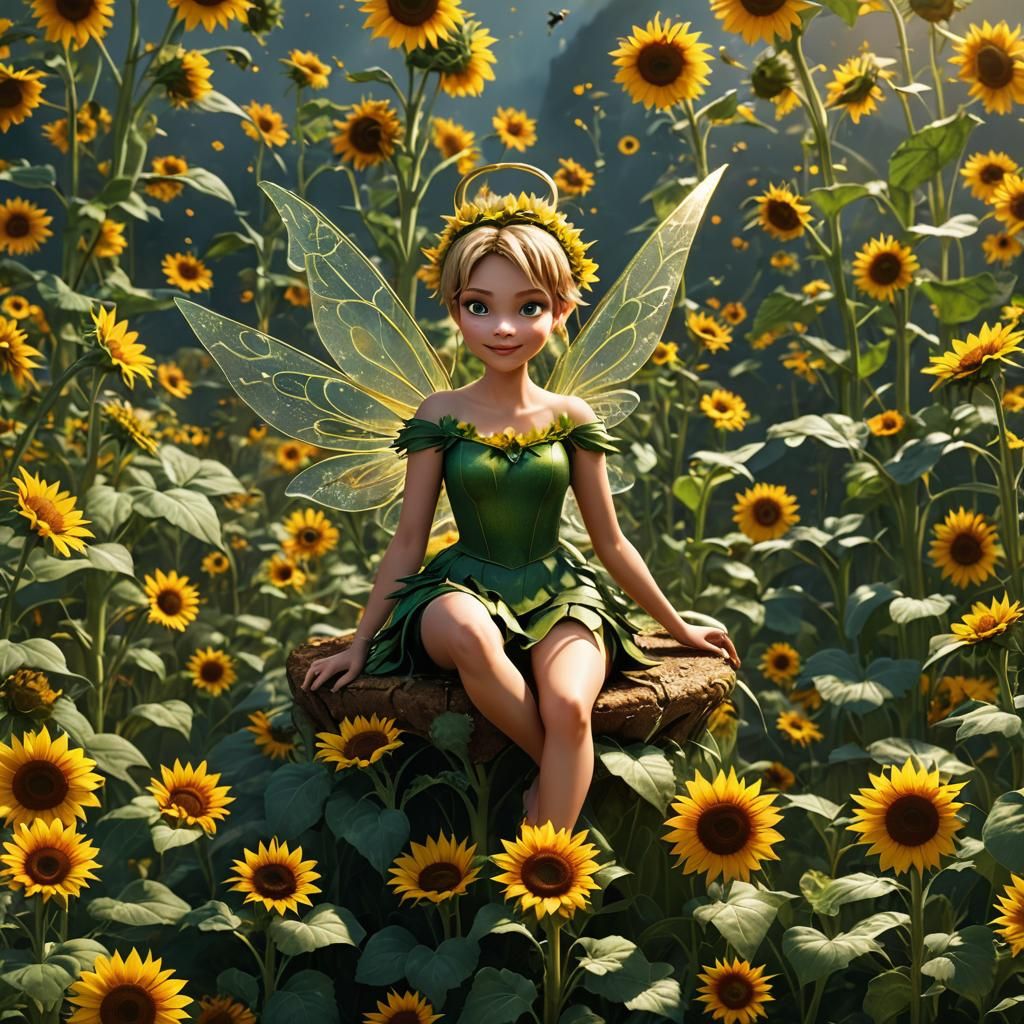 Tinkerbell Relaxing in Sunflower Field: Fantasy Concept Art