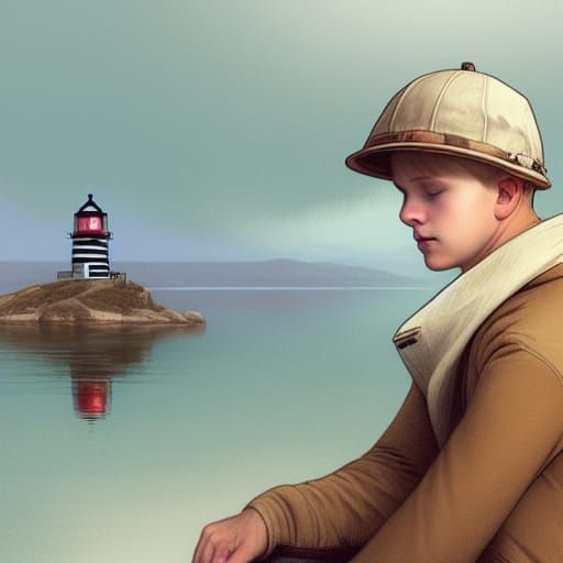 Lighthouse Keeper's Lament: Lakeside Portrait in Art Nouveau...