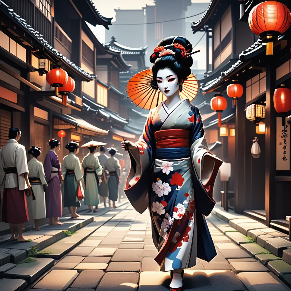 Anime Geisha in Edo: Cel-Shaded Manga Art