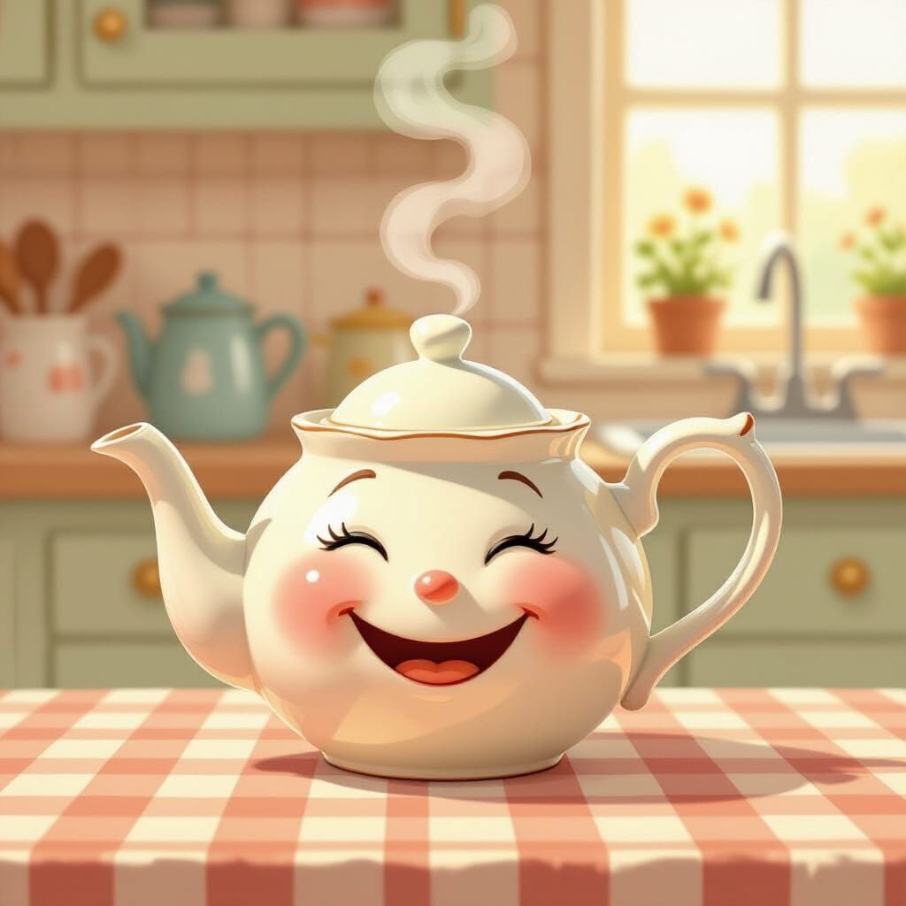 Whimsical Teapot Grins in Cozy Kitchen Illustration