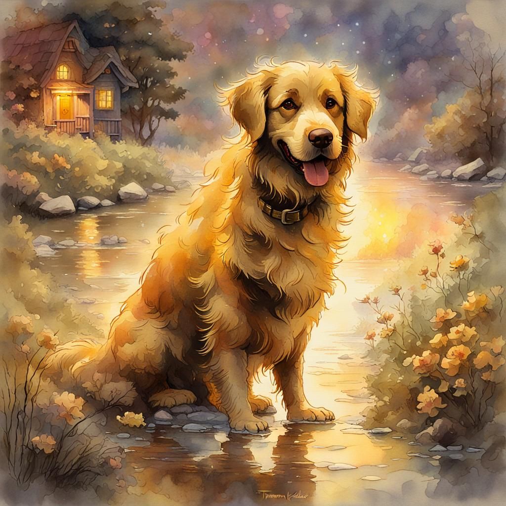 Happy Dog in Golden Light: Vintage Pastel Art