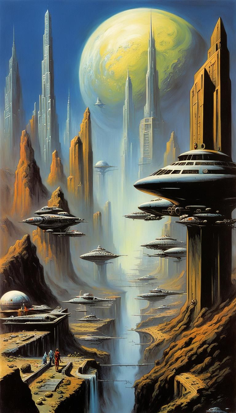 Surreal Cyberpunk Cityscape Inspired by Boris Vallejo