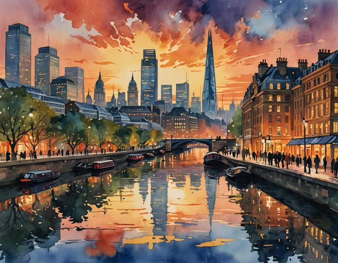 Romantic London Dusk: Impressionist Gouache Masterpiece