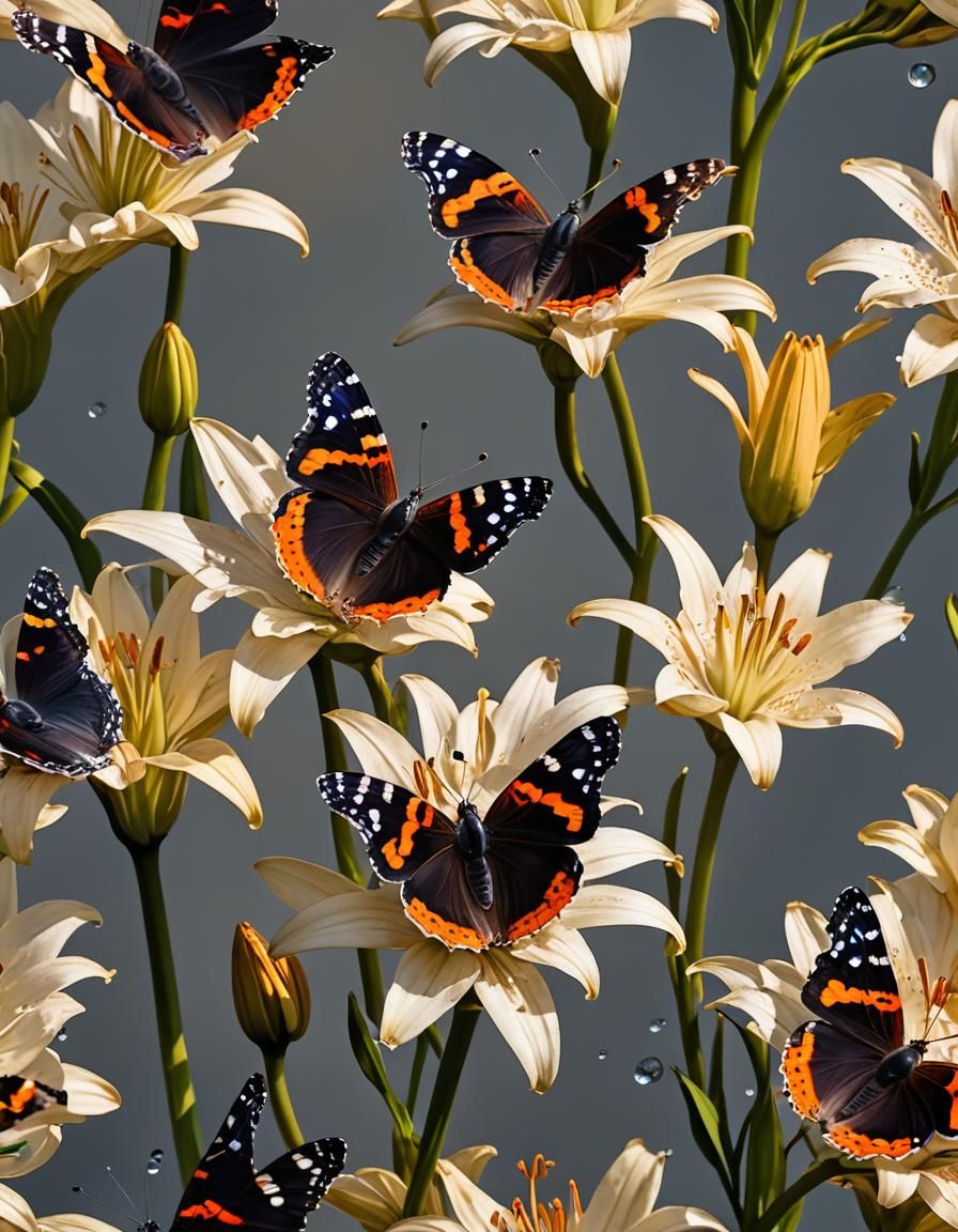 Red Admiral Butterfly and Lily in Golden Hour