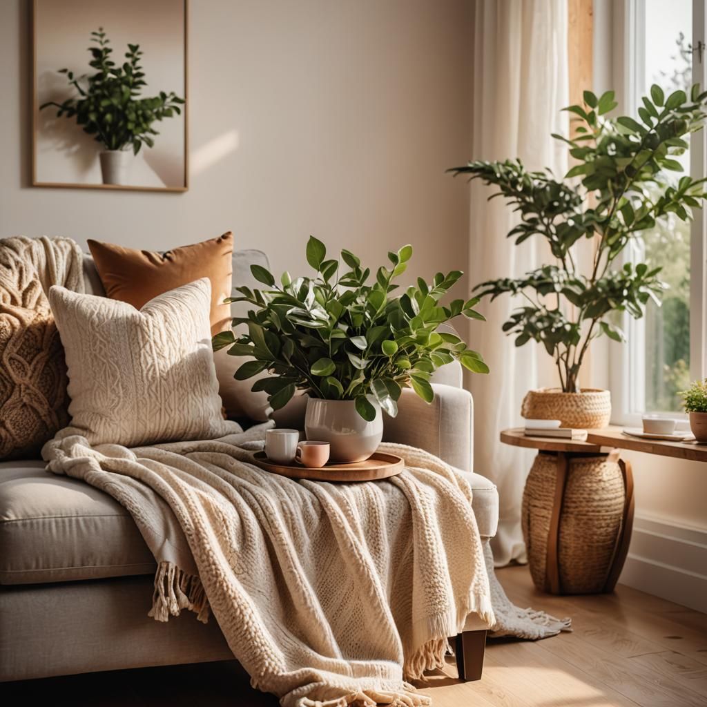 Cozy Living Room with Rustic Charm in Golden Light