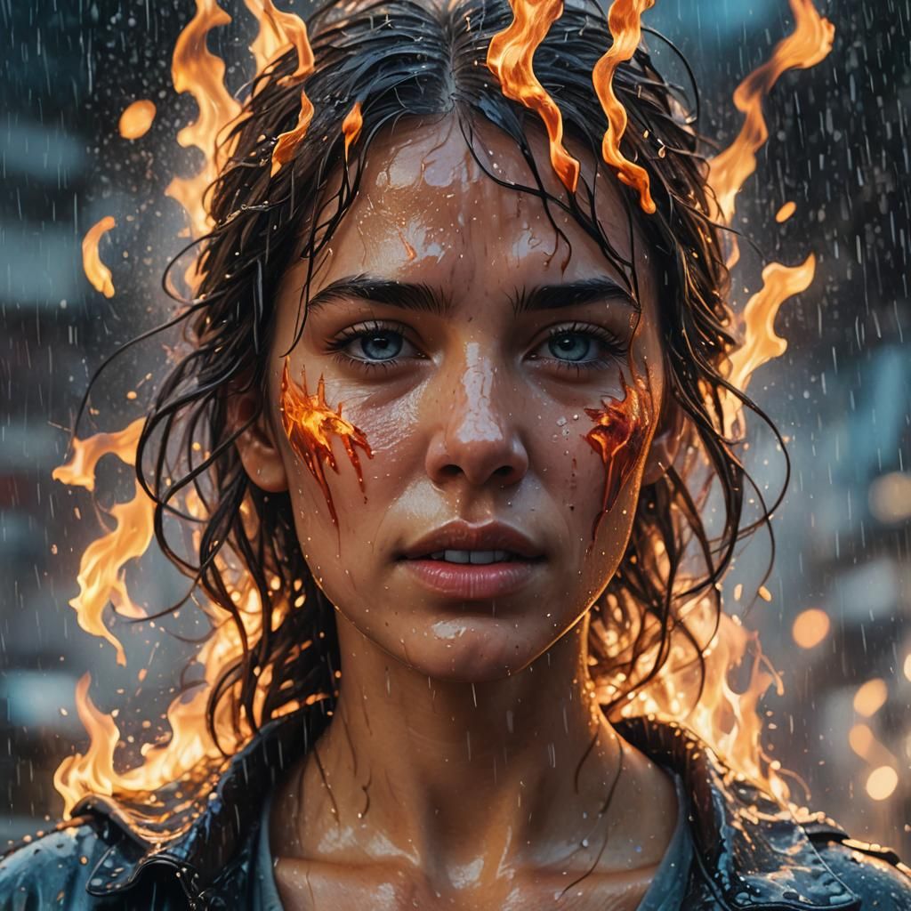 Fiery Rain: Hyperrealistic Woman in Abstract Flames