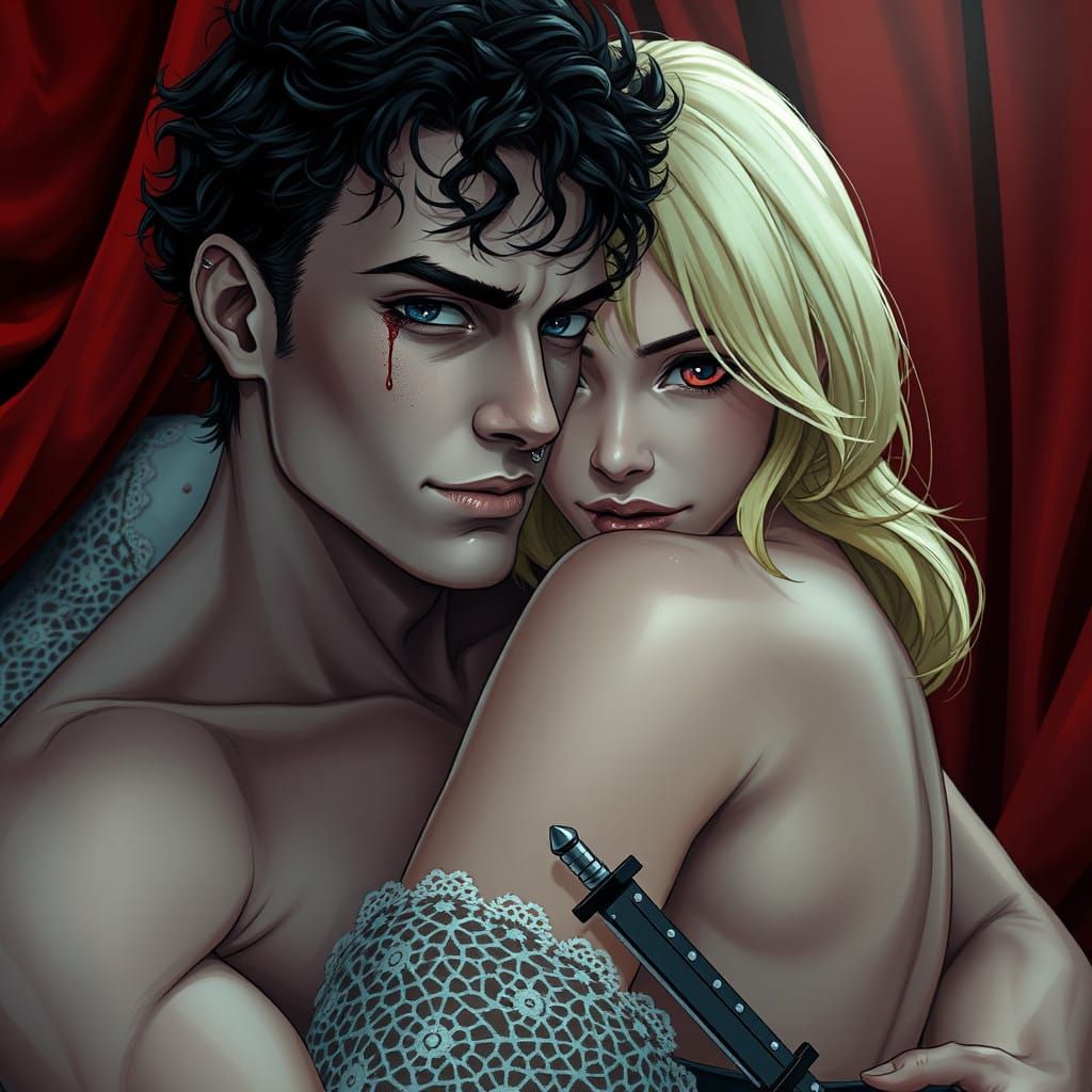 Ethereal Vampire and Lover in Intimate Embrace