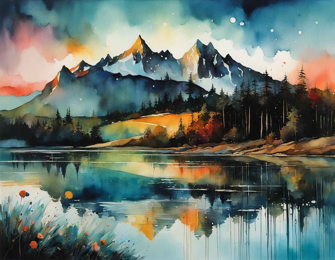 Mountain Lake Dawn in Whimsical Cubist Style