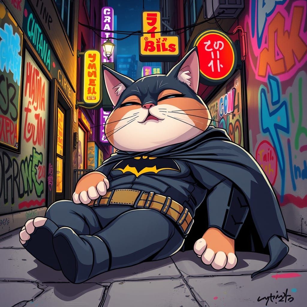 Fat Cat as Anime Batman in Gotham City Alleyway