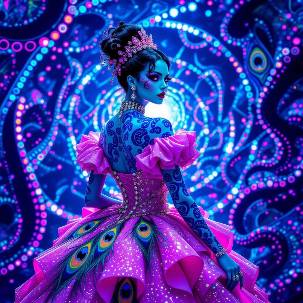 Surreal Blue Woman in Pink Tentacle Dress