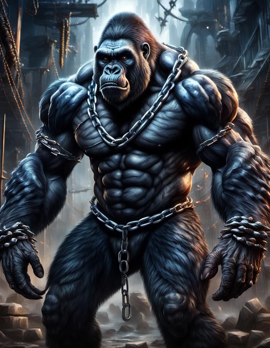 anthropomorphic gorilla man with massive muscular muscle ,8k resolution concept art with chains,spikes and huge claws
