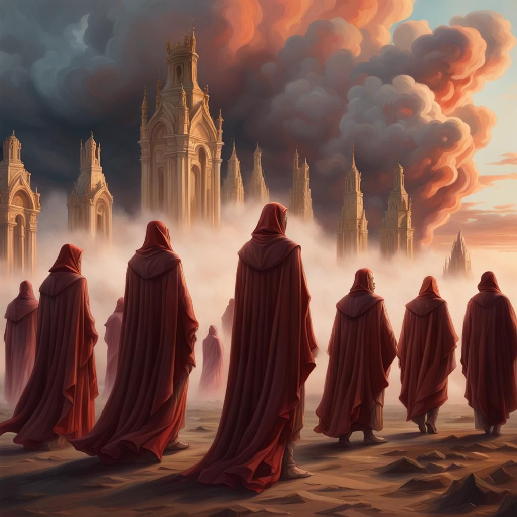 Solemn Procession at Dusk: Hyper-Realistic Fantasy