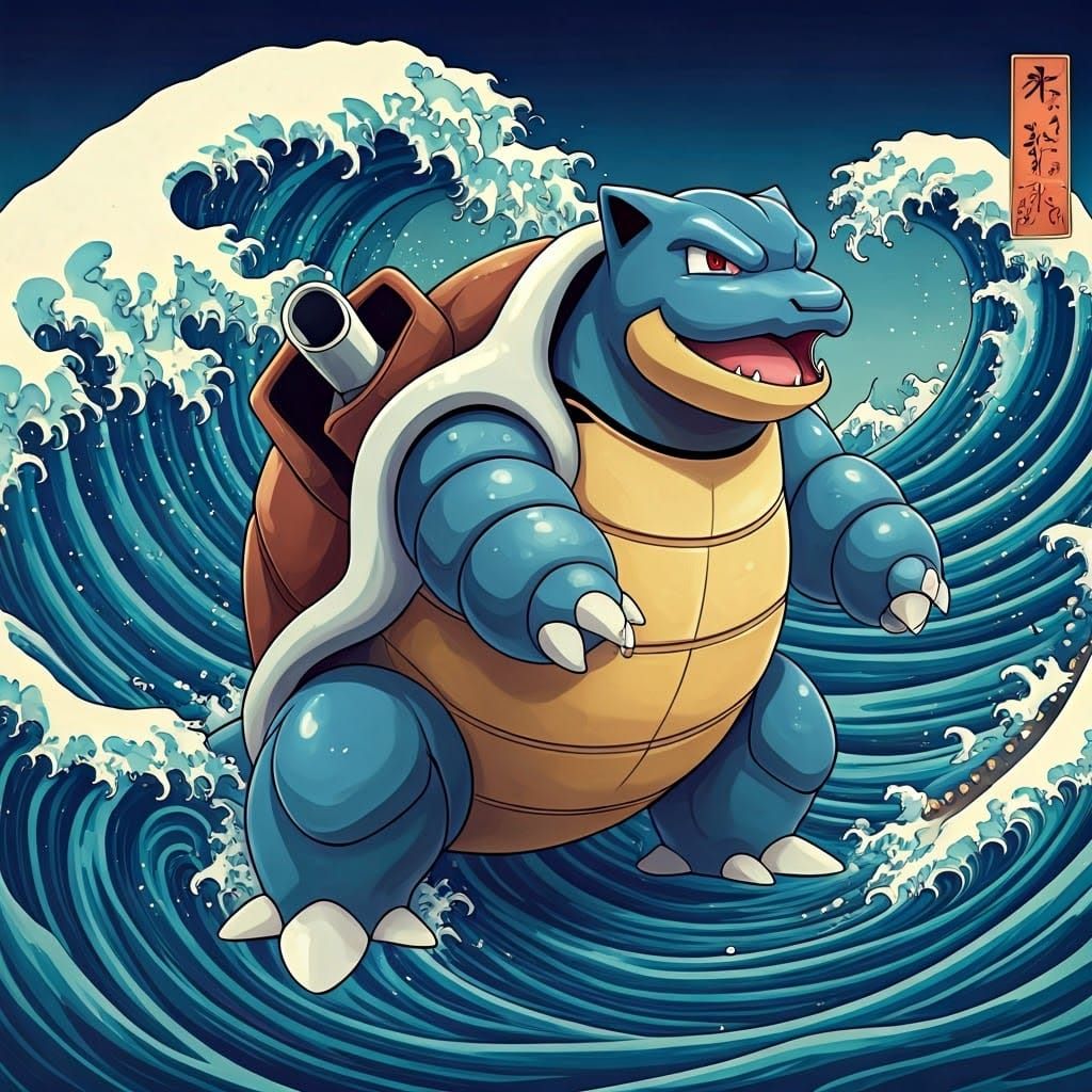 Vibrant Blastoise Battles in Ukiyo-e Style