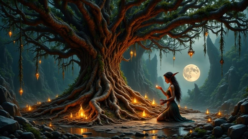 Elf Woman in Grotto: Art Nouveau Photography