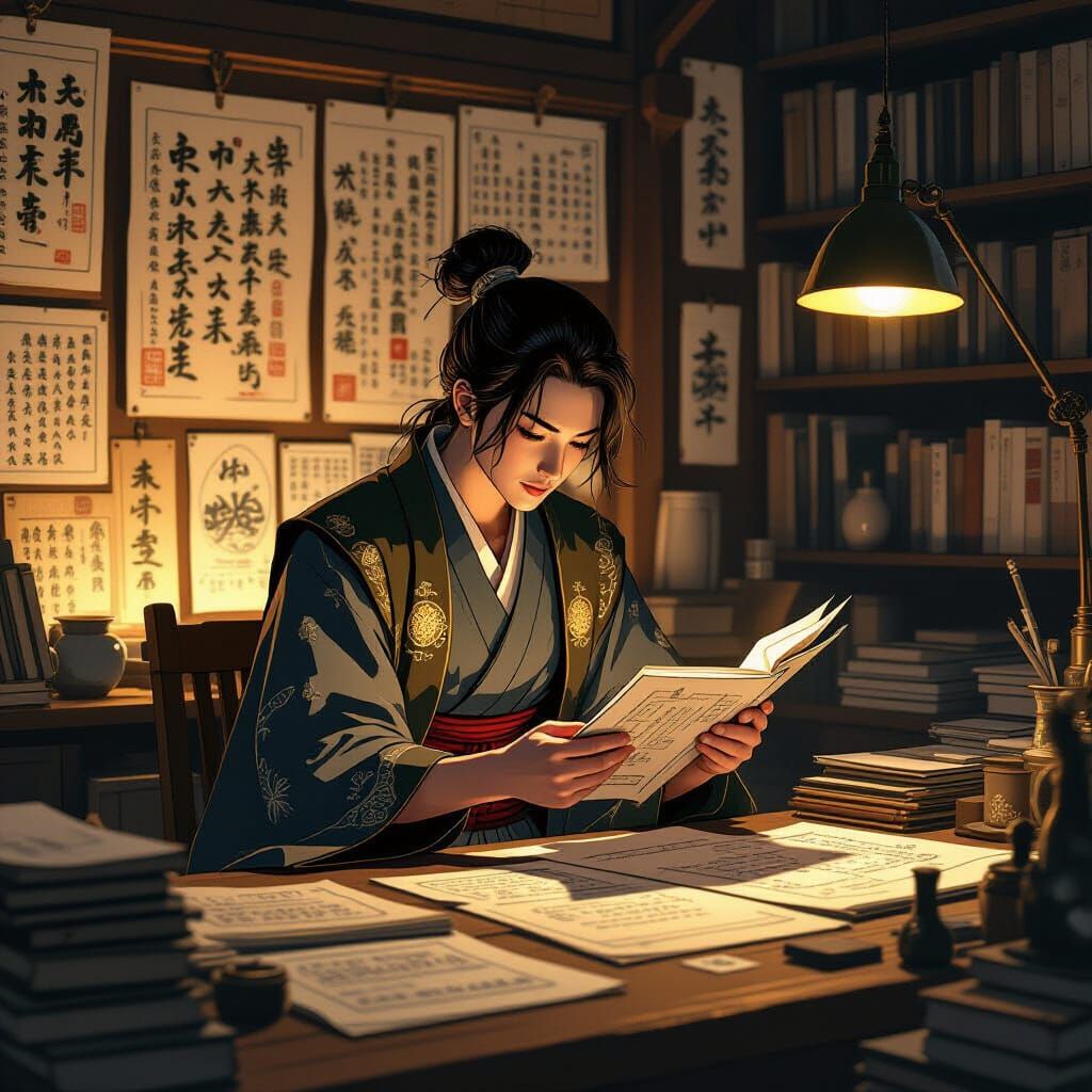 Mysterious Artisan in Dimly Lit Workshop