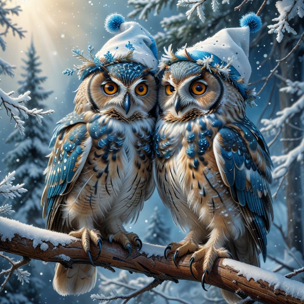 Christmas Owls Hugging on Snowy Branch