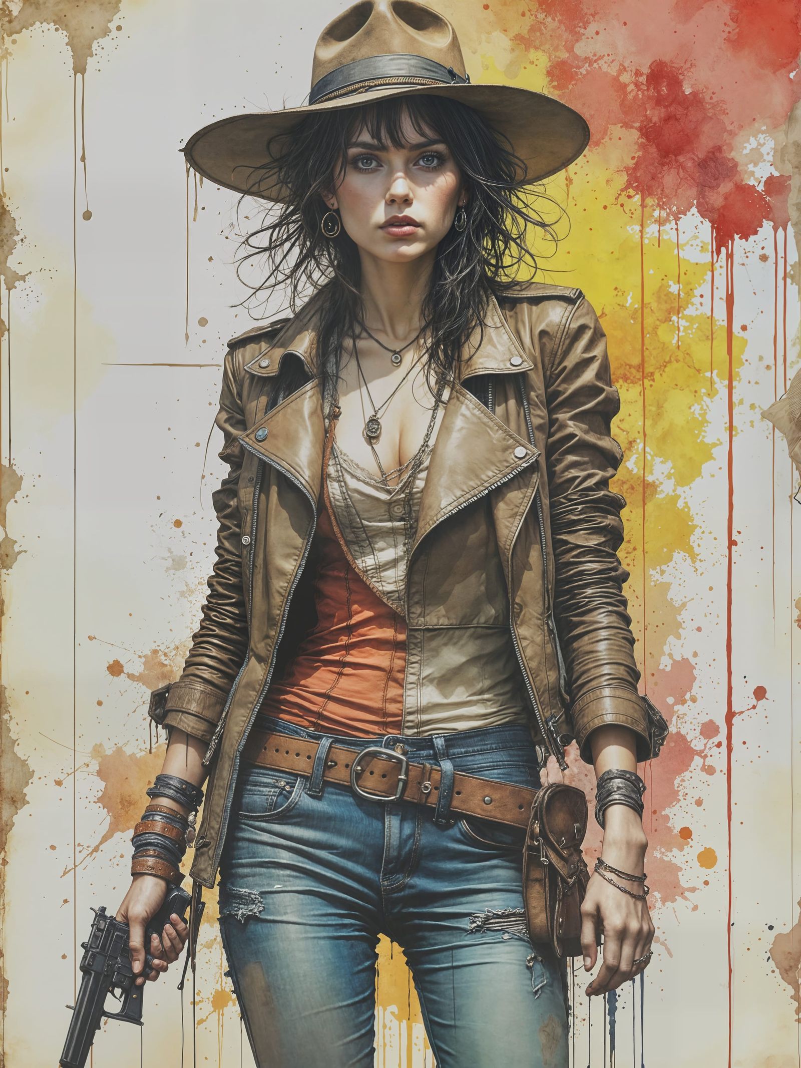 Cowgirl with Pistol, Ink Painting on Denim