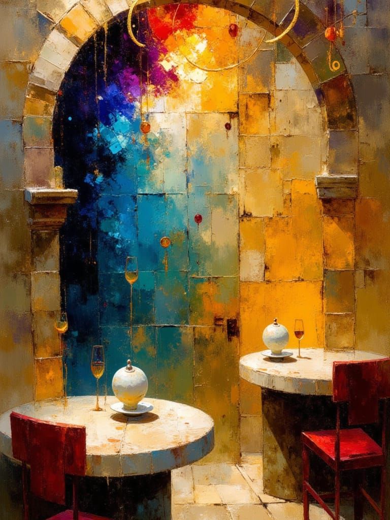 Enchanted Cafe Interior With Surreal Space Background