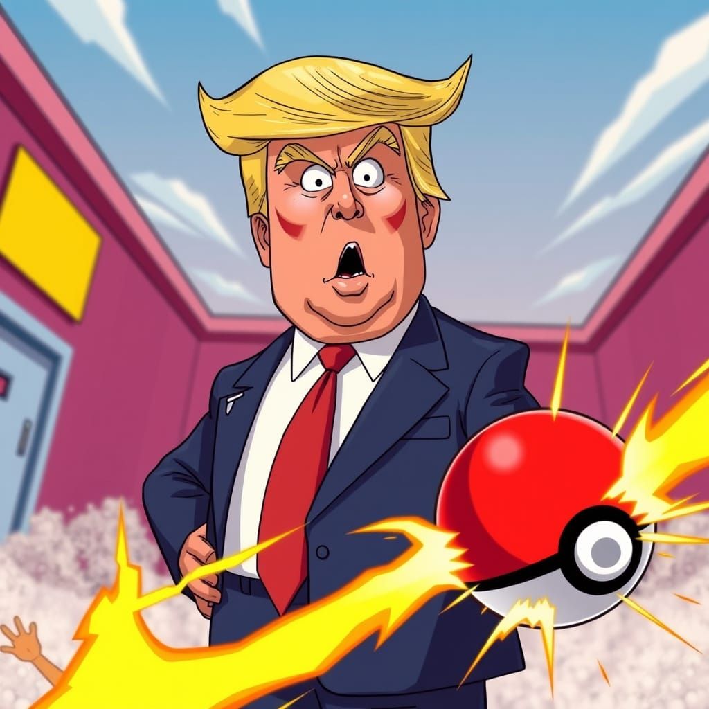 Trump Gets Hit by a Vibrant Pokeball in a Cartoonish Blast