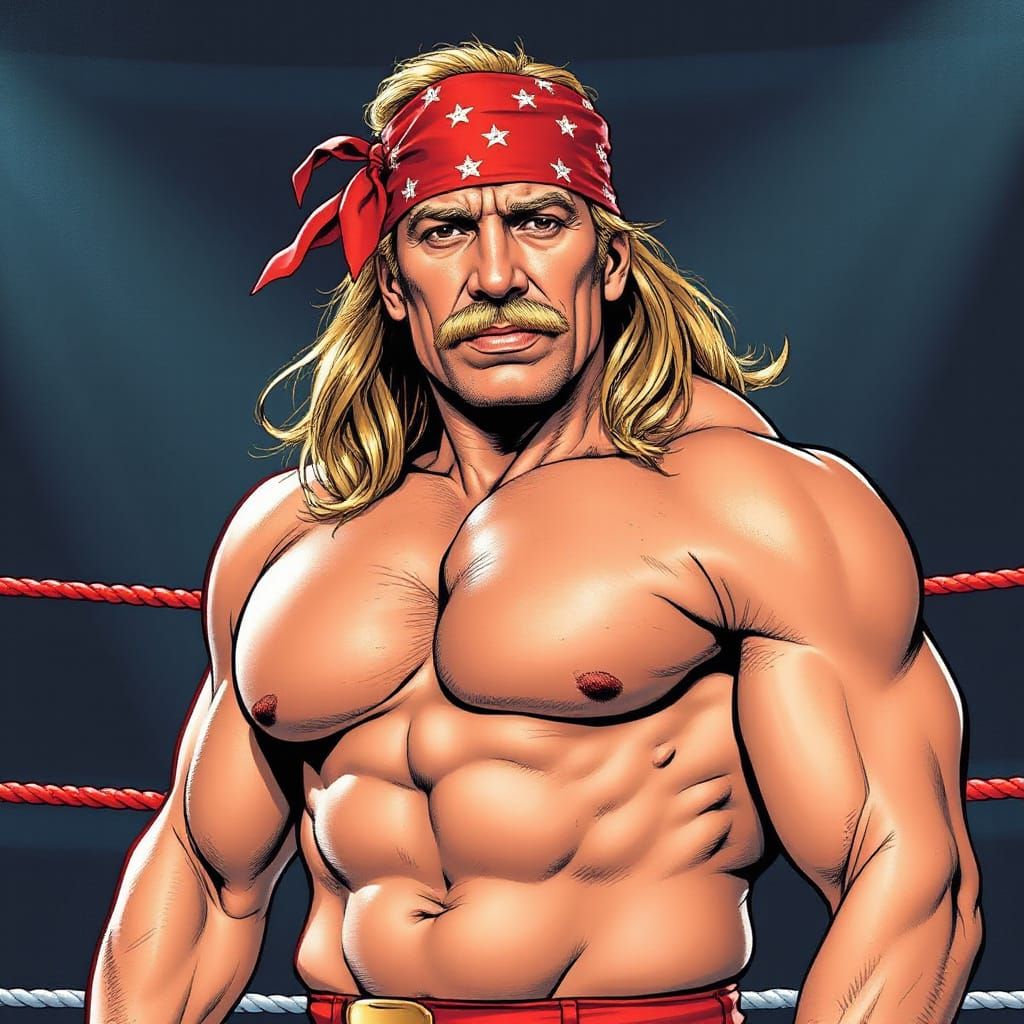 Hulk Hogan Posing in Wrestling Ring, Comic Book Style