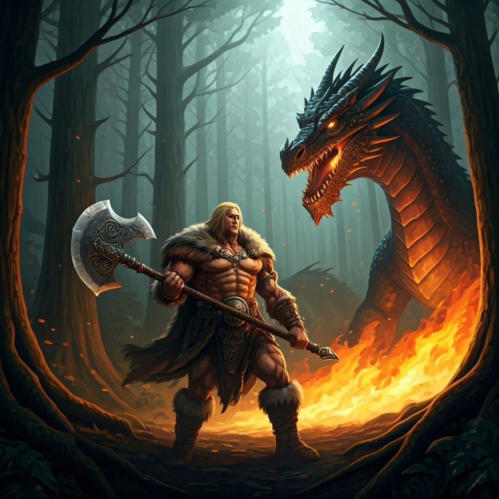 Barbarian Warrior Dragon Battle in Anime Style