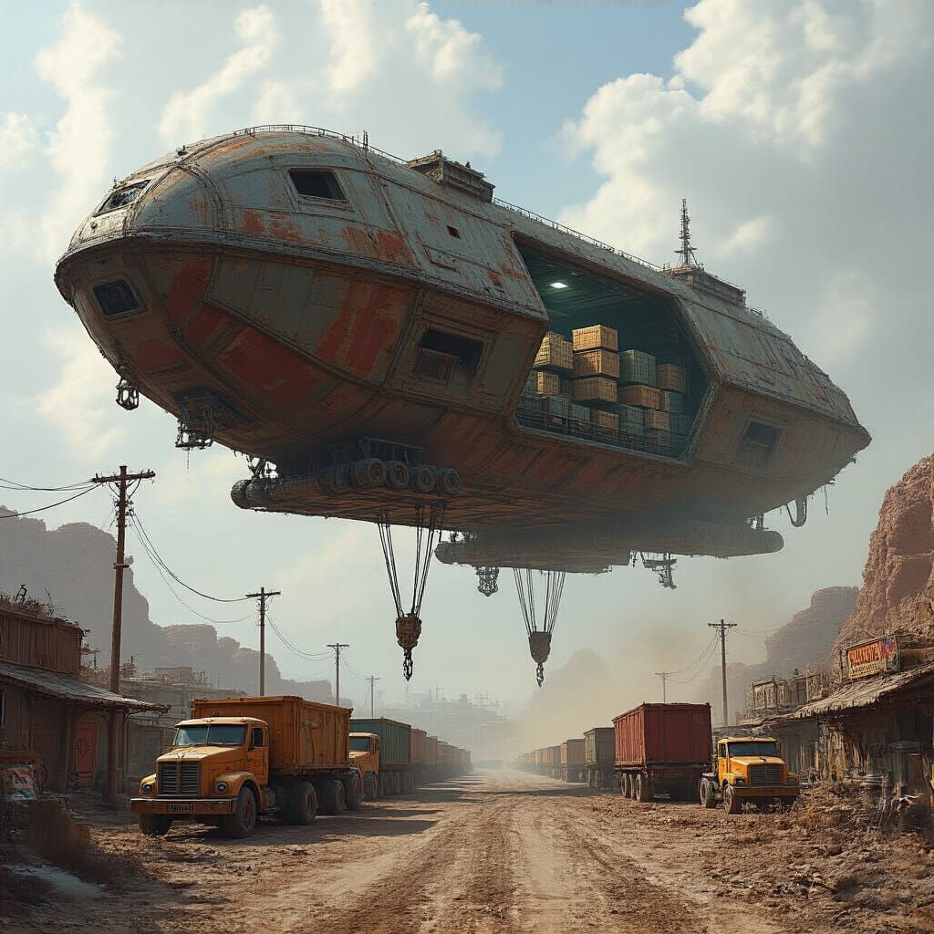 Space Freighter Unloading in Mining Town