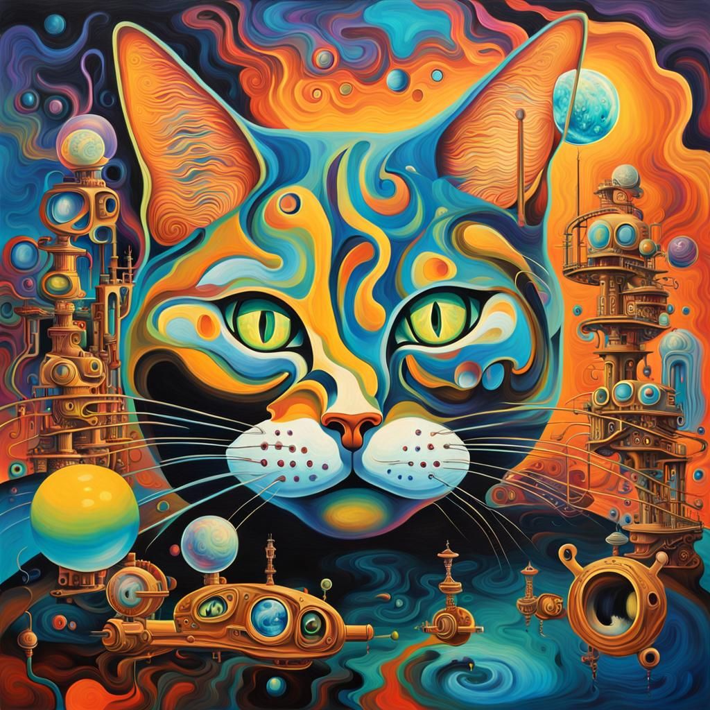 Psychedelic Cat in Surreal Dreamscape