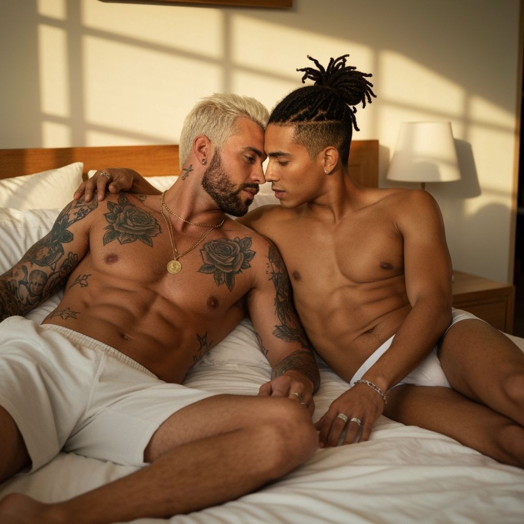 Romantic Morning: Two Men in Softly Lit Pastel Bedroom