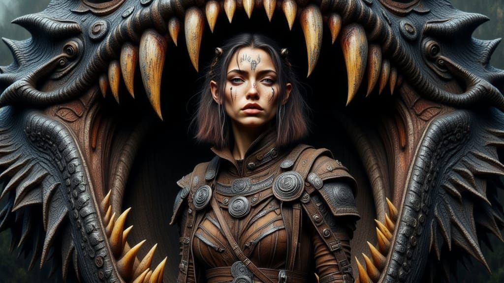 Young Elf Stands Resolute in Dragon's Jaws, Illuminated by L...